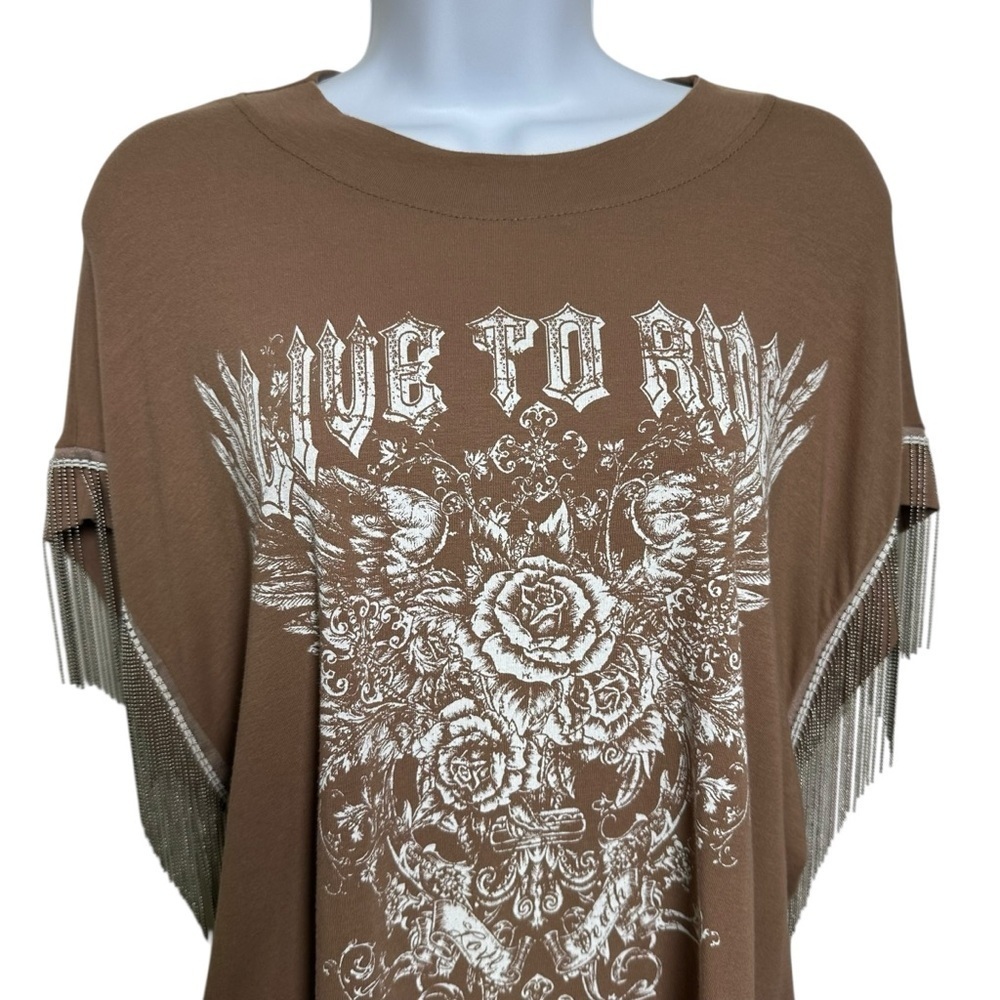 VOCAL Tunic Top Small Cotton Live To Ride Metal Fringe Short Sleeve Punk Moto - Picture 4 of 11